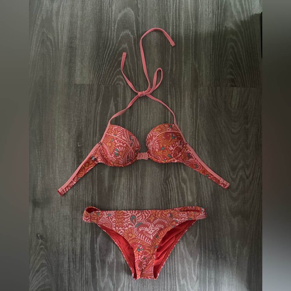 Aerie Pink and Orange Floral/Paisley Print Bikini Set Top Bottoms 32B Size Small